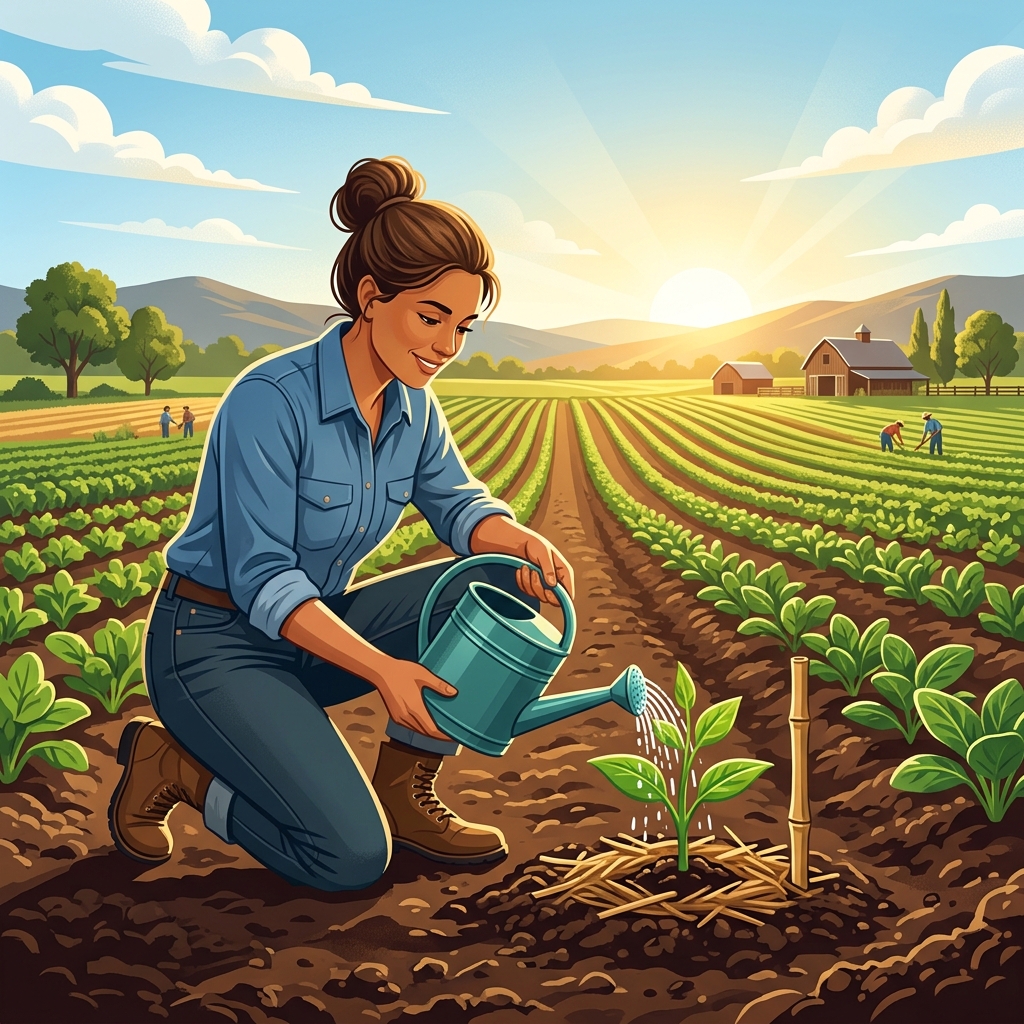 Farmer watering plant